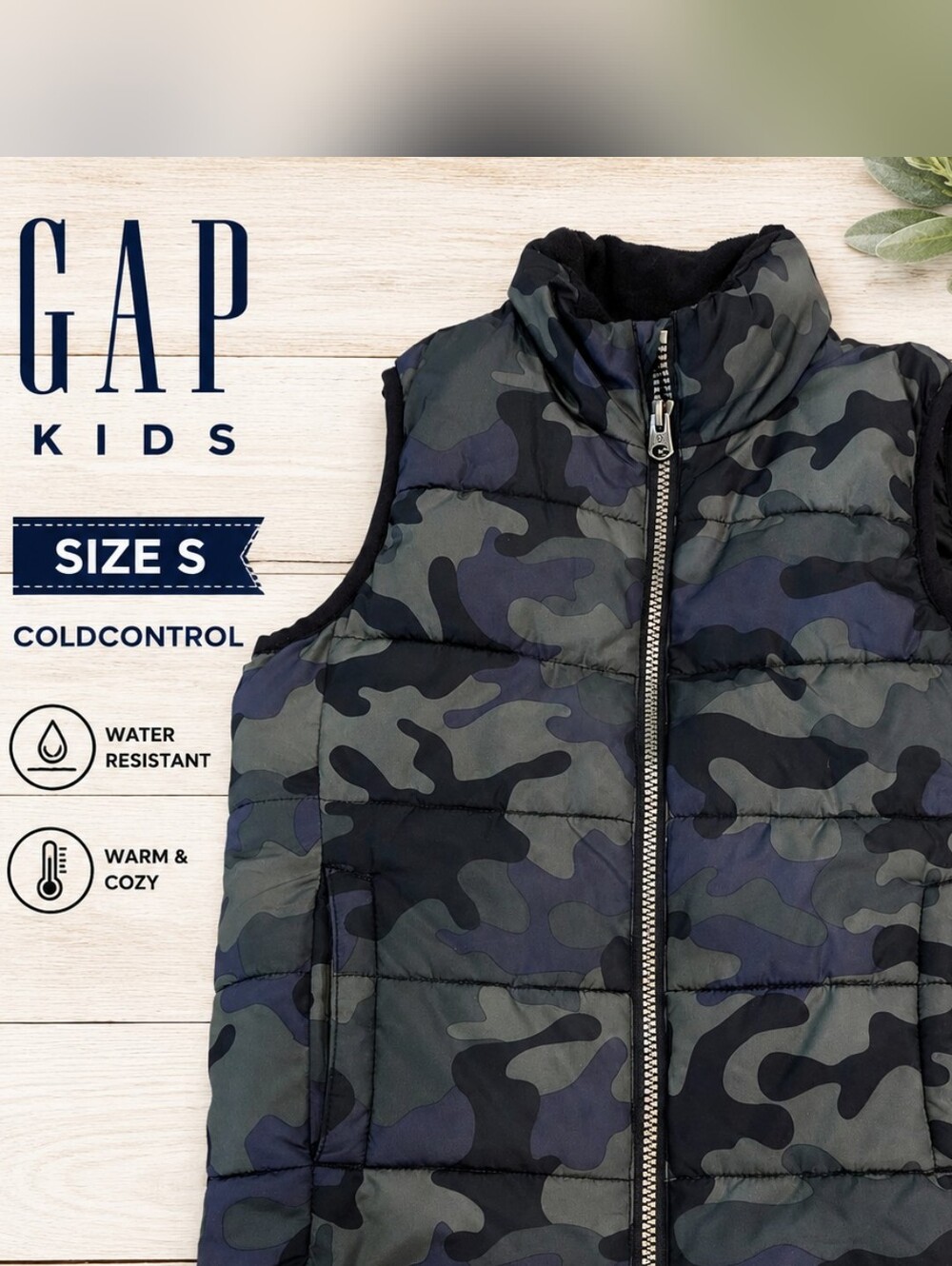 Gap Kids Cold  Control Camo Puffer Vest Water Resistant Insulated Boys Small